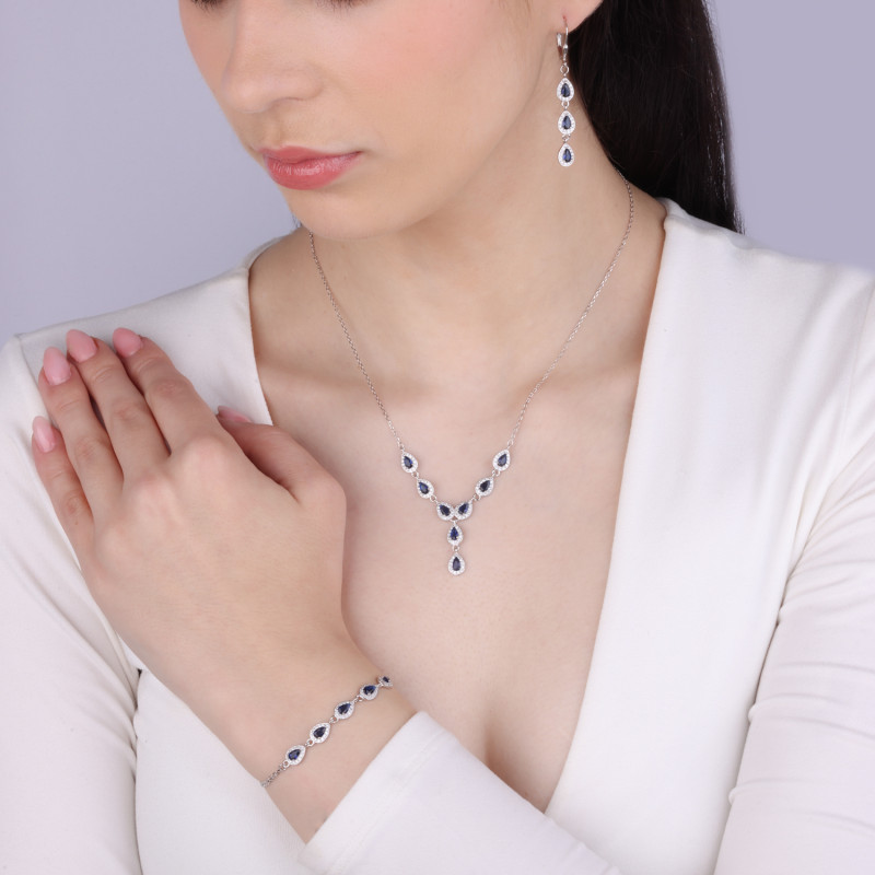 Naszyjnik srebrny markizy z szafirowymi cyrkoniami