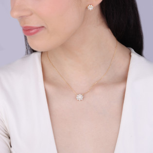 Pozłacany Naszyjnik Kwiatek z Perłą i Cyrkoniami - JubilerSezam.pl