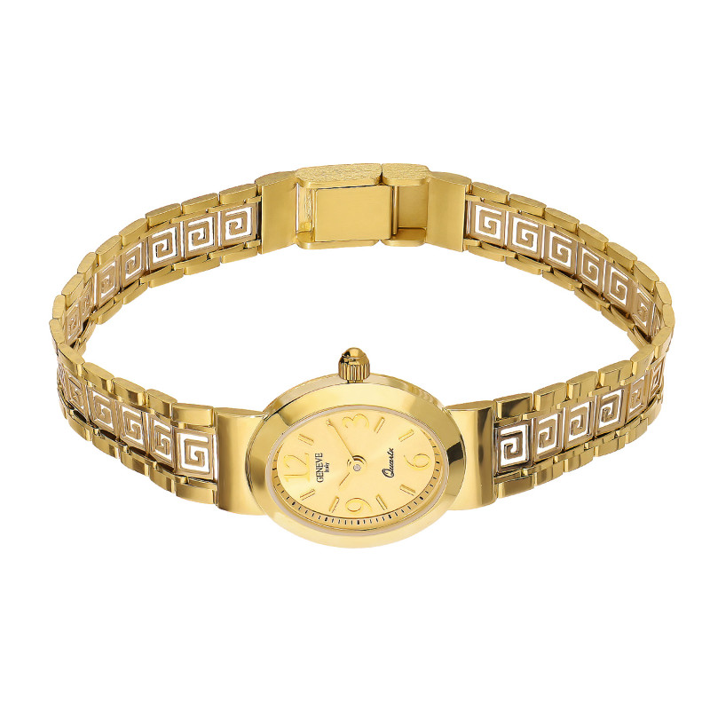 Zegarek złoty z owalną tarczą i greką