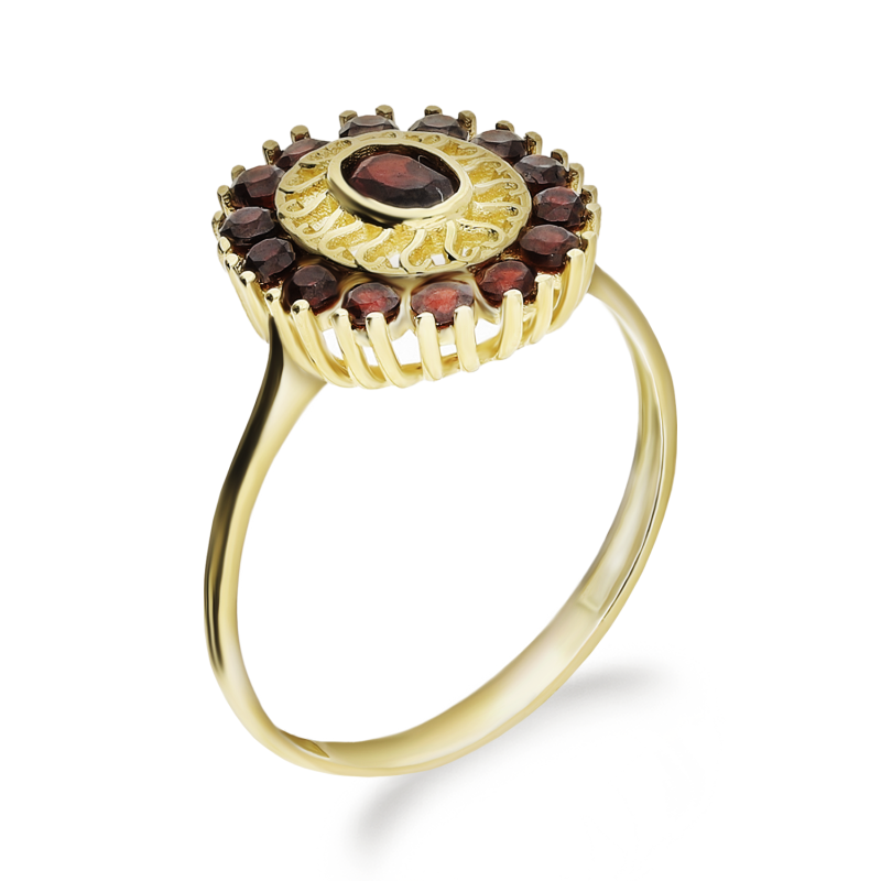 Pierścionek złoty ażurowy z granatami