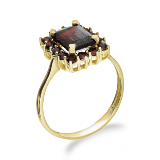 Pierścionek złoty prostokątna markiza z granatami