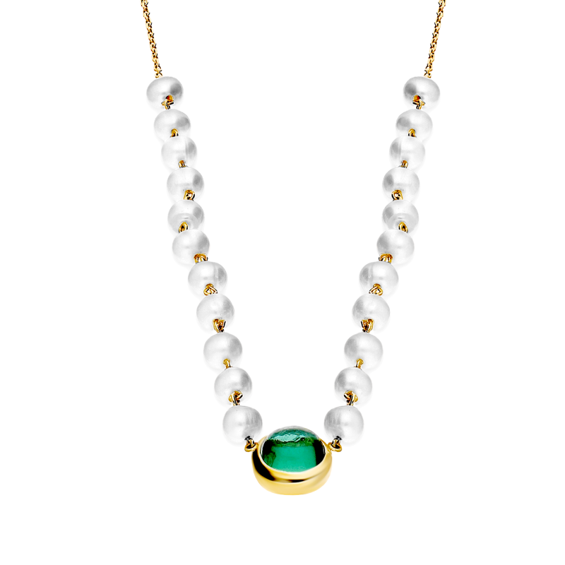 Naszyjnik złoty z perłami i zielonym kaboszonem MZ T33-2-PRL-8MM-RS-LIGHT GREEN próba 585