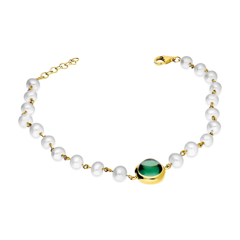 Bransoleta złota z perłami i zielonym kaboszonem MZ T33-2-PRL-8MM-RS-LIGHT GREEN próba 585