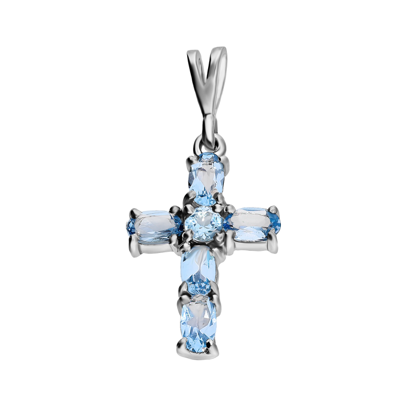 Krzyżyk srebrny z topazami swiss blue