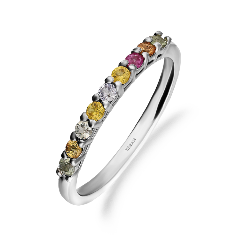 Pierścionek srebrny z kolorowymi szafirami