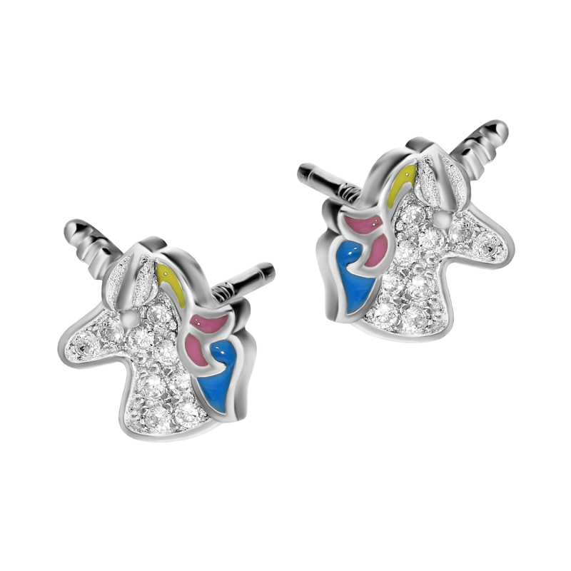Kolczyki srebrne dla dziewczynki jednorożec z cyrkoniami