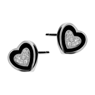 Kolczyki srebrne serce z cyrkoniami i czarną emalią