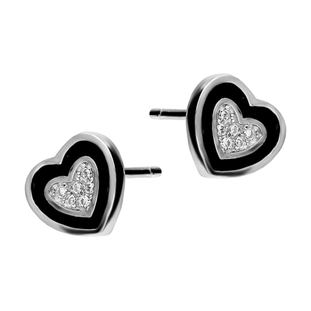 Kolczyki srebrne serce z cyrkoniami i czarną emalią