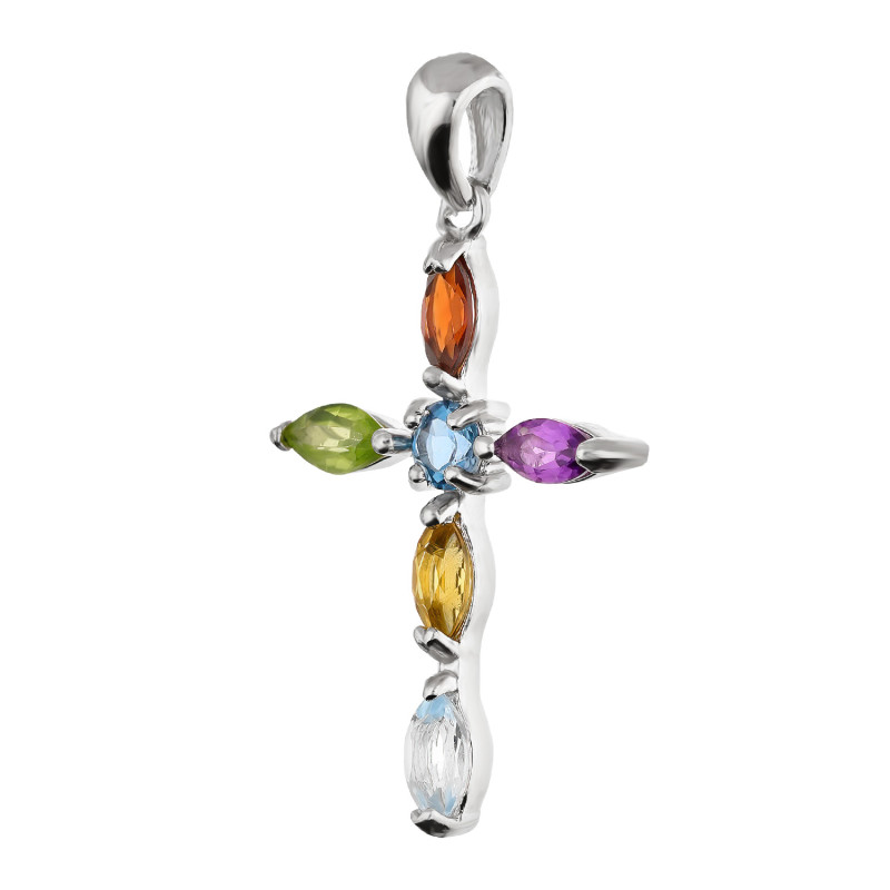 Krzyżyk srebrny z kolorowymi szafirami