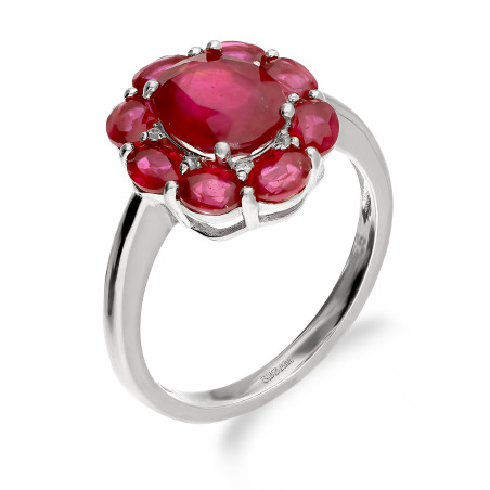 Pierścionek srebrny z rubinami w formie kwiatu