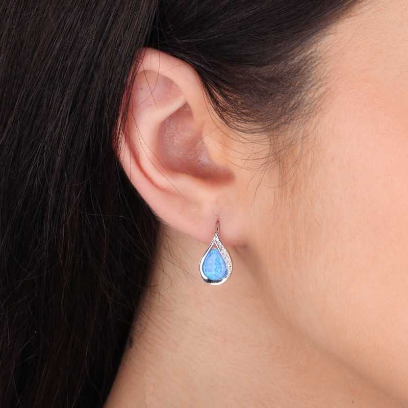 Srebrne Kolczyki z Niebieskim Opalem w Kropli - JubilerSezam.pl
