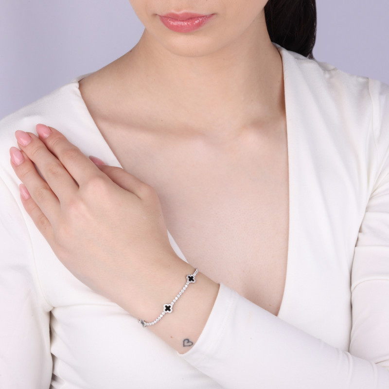 Srebrna Bransoletka Koniczynki Onyks i Cyrkonie - JubilerSezam.pl