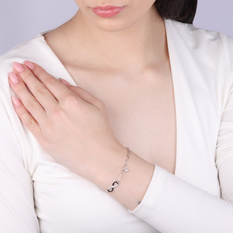 Bransoleta srebrna infinity z cyrkoniami i wisząca cyrkonia