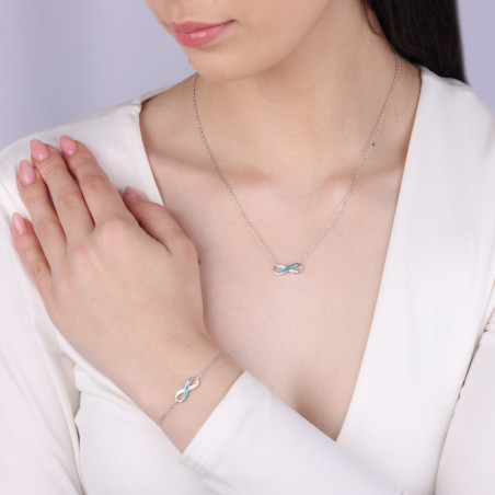 Naszyjnik srebrny infinity z cyrkoniami i niebieskim opalem