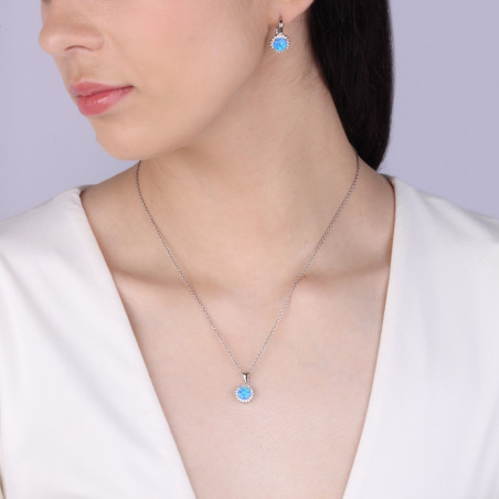 Komplet srebrny kolczyki i zawieszka kwiat z niebieskim opalem