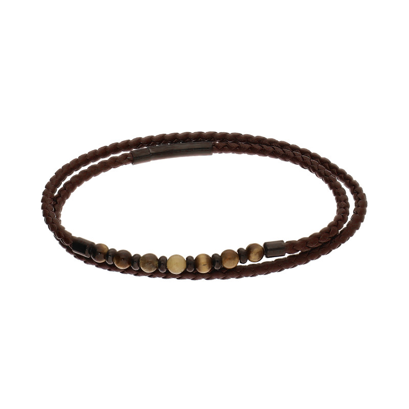 Bransoleta męska plecionka z kulkami na brązowym warkoczu