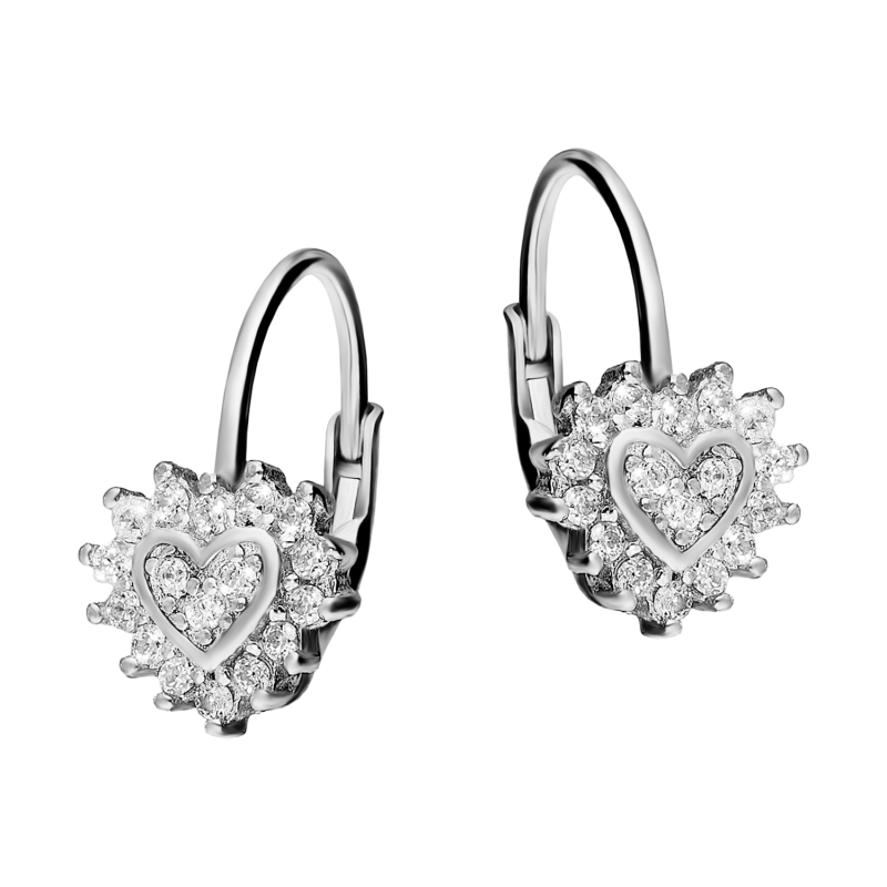 Kolczyki  srebrne rodowane z sercem z cyrkonii próba 925