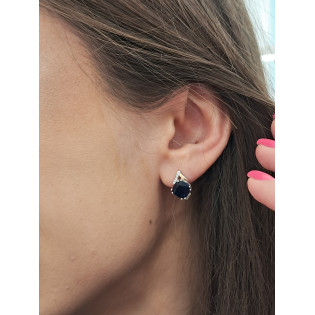 Kolczyki srebrne z ciemno-niebieską cyrkonią i złotą blaszką