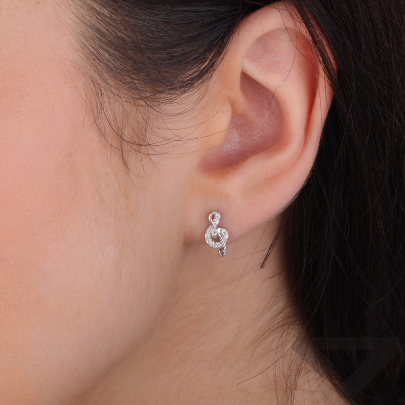 Kolczyki srebrne klucz wiolinowy z cyrkoniami