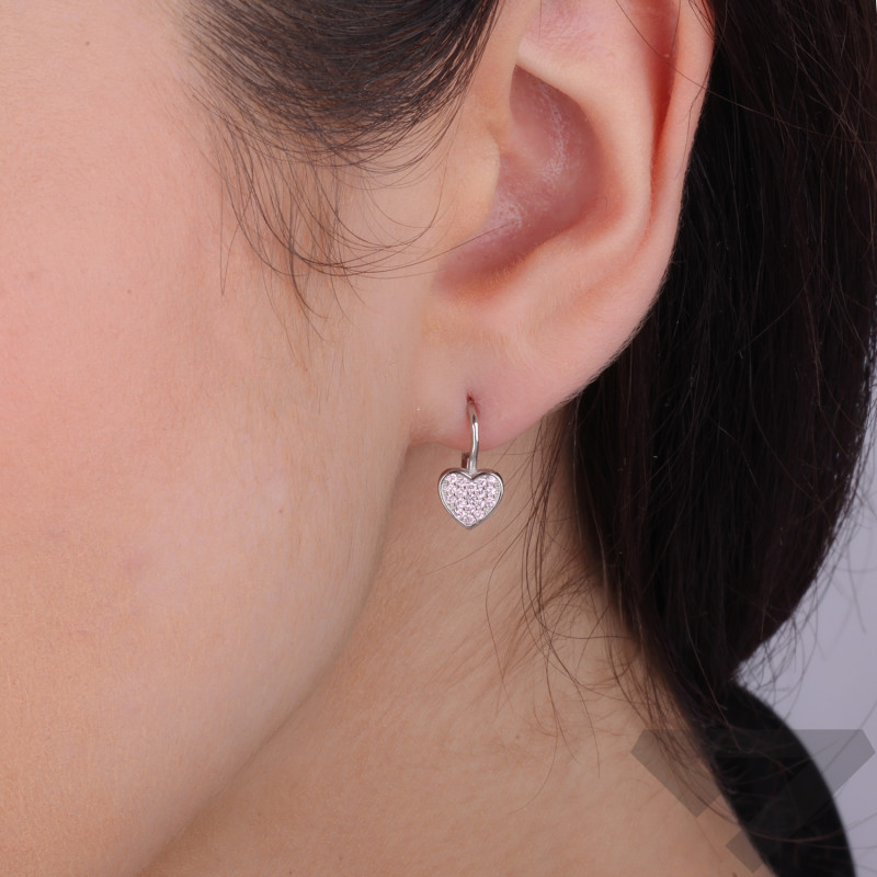 Kolczyki srebrne dla dziewczynki serce z jasno różowymi cyrkoniami