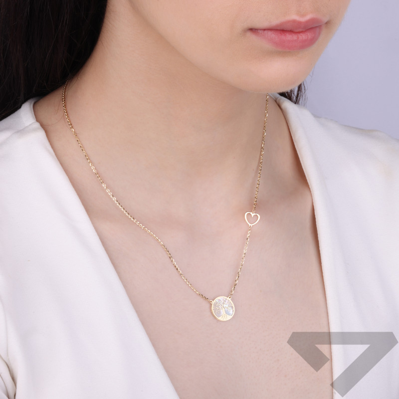 Naszyjnik złoty drzewko w kółku z masą perłową i serce