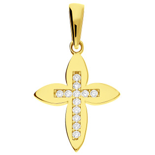 Krzyżyk złoty z cyrkoniami, ramiona w szpic próba 375