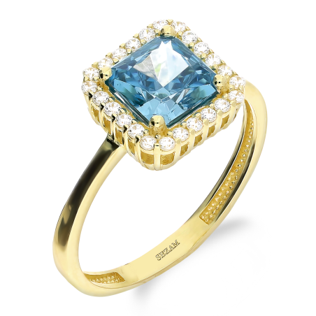 Pierścionek złoty kwadratowa markiza z niebieską cyrkonią próba 375