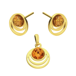 Komplet srebrny pozłacany kolczyki i zawieszka z bursztynem w okrągłej ramce próba 925