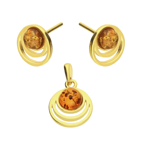 Komplet srebrny pozłacany kolczyki i zawieszka z bursztynem w okrągłej ramce próba 925