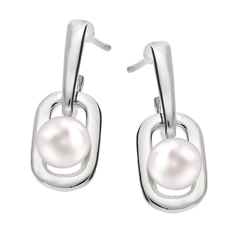 Kolczyki srebrne biała perła w prostokącie na haku