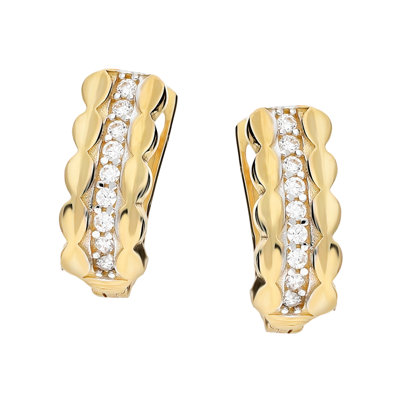 Kolczyki złote rząd cyrkonii i tłoczenie bokiem