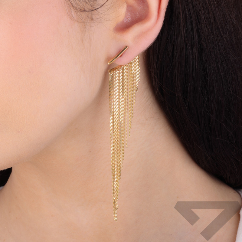 Kolczyki złote kreska i wiszące łańcuszki z tyłu