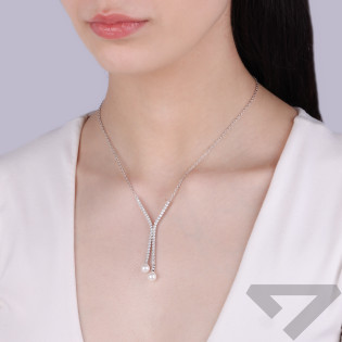 Naszyjnik srebrny krawatówka z cyrkoniami i perłami