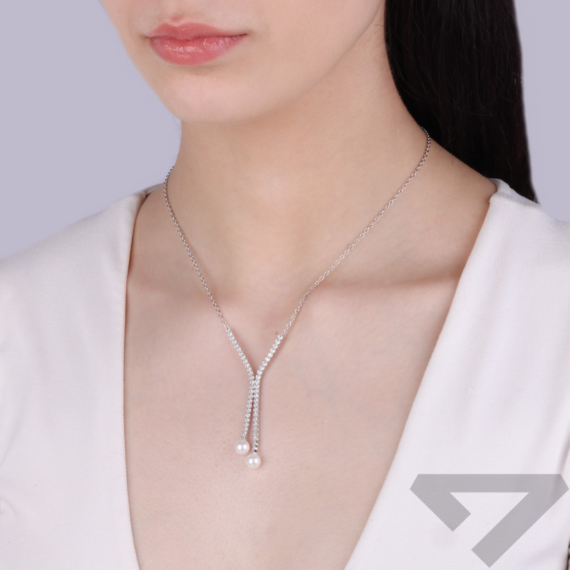 Naszyjnik srebrny krawatówka z cyrkoniami i perłami