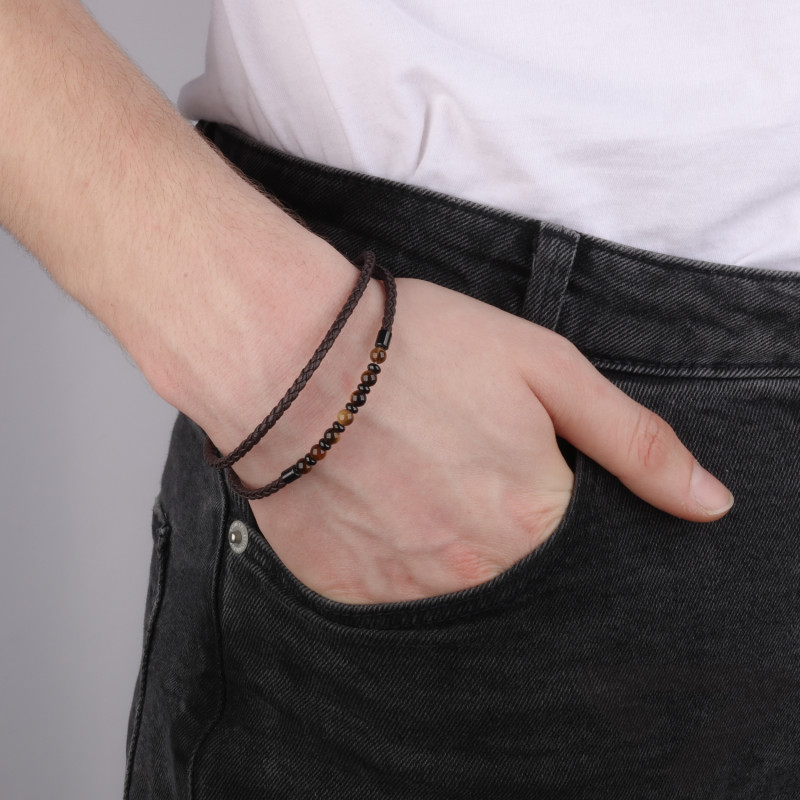 Bransoleta męska plecionka z kulkami na brązowym warkoczu