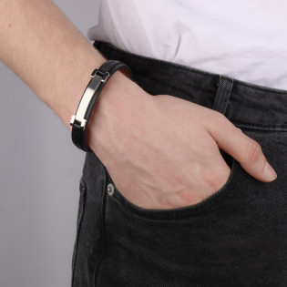 Bransoleta męska z blaszką na czarnym pasku