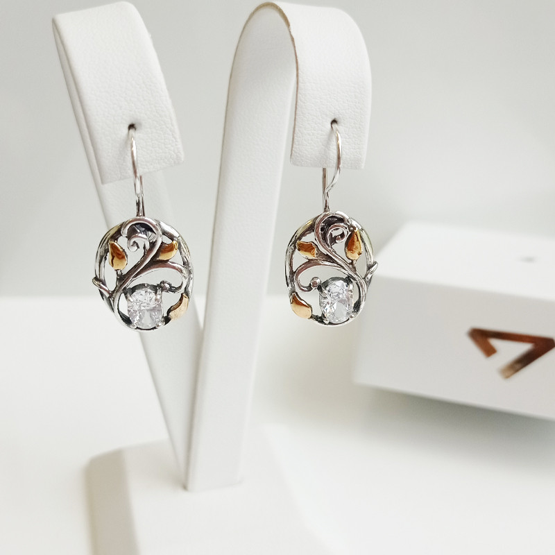 Kolczyki srebrne ażurowy owal z cyrkonią i pozłacanymi listkami TB 03471-03470 próba 925