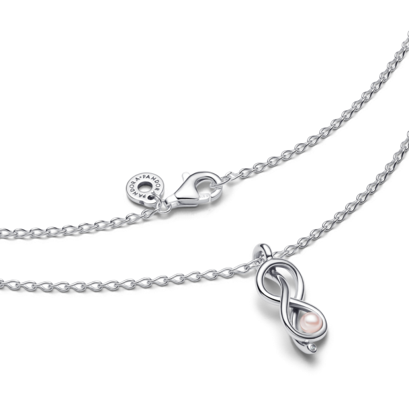 Srebrny naszyjnik Pandora Nieskończoność z różową perłą - JubilerSezam.pl