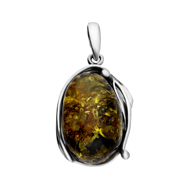 Zawieszka srebrna z owalnym zielonym bursztynem