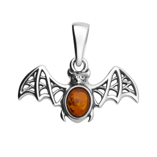 Zawieszka srebrna nietoperz z bursztynem