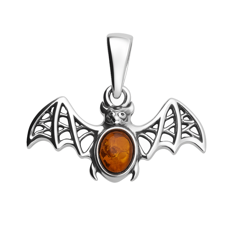 Zawieszka srebrna nietoperz z bursztynem