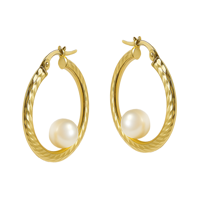 Kolczyki złote grawerowane kółka z perłą