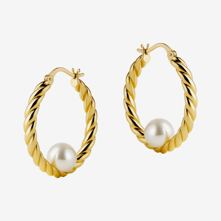 Kolczyki złote owalne kółka sznur z perłą