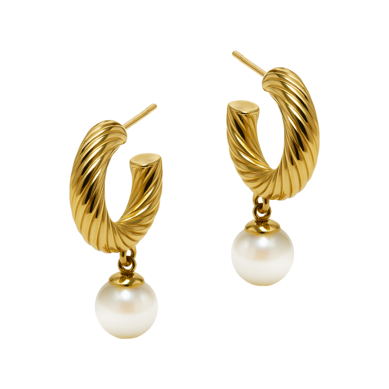 Kolczyki złote półkołko sznur z perłą