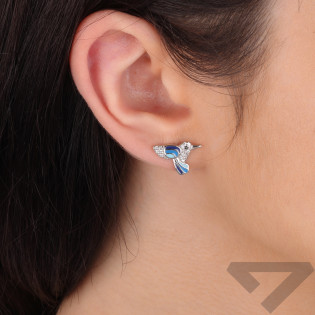 Kolczyki srebrne koliber z cyrkoniami i niebieską emalią