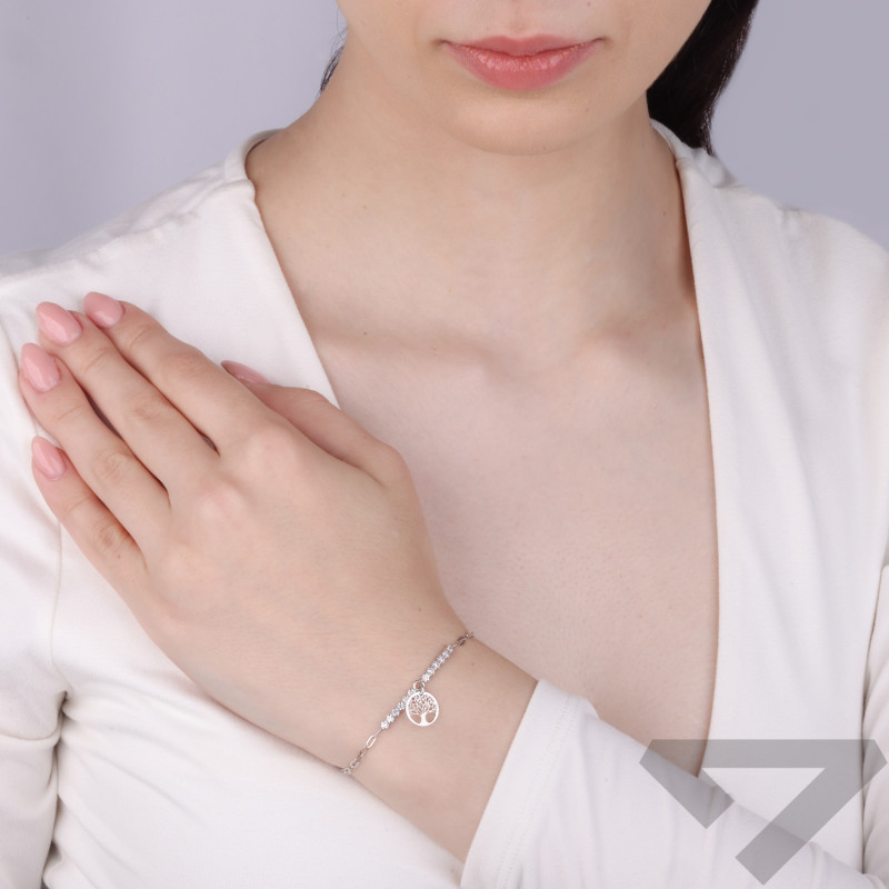 Bransoleta srebrna z drzewkiem i cyrkoniami