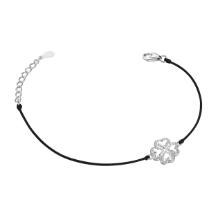 Bransoleta srebrna koniczynka z cyrkoniami na czarnym sznurku