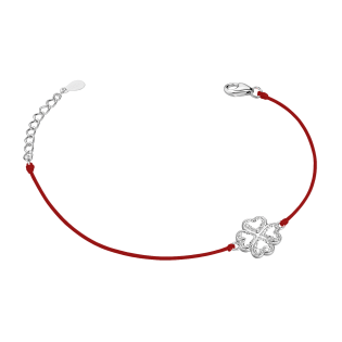 Bransoleta srebrna koniczynka z cyrkoniami na czerwonym sznurku z  – dostępny w Jubiler Sezam