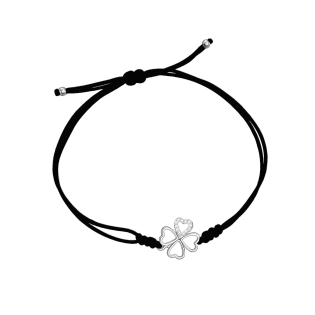 Bransoleta srebrna koniczynka na czarnym sznurku