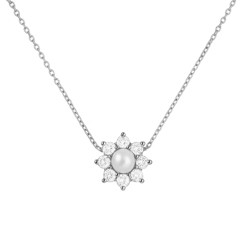 Naszyjnik srebrny kwiatek z perłą i cyrkoniami
